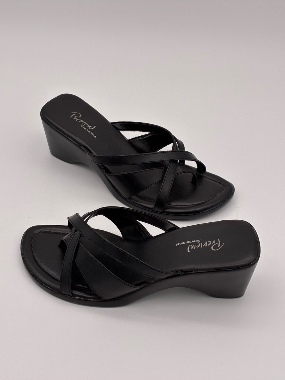 Preview International - Women's Black Leather Strappy Wedge Sandal - Picture 3 of 10
